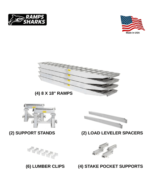 2 Bunk Load Leveler and 4 Ramp System 8 ft x 18 in for 24 in Step Deck Trailers 23500 lb Capacity